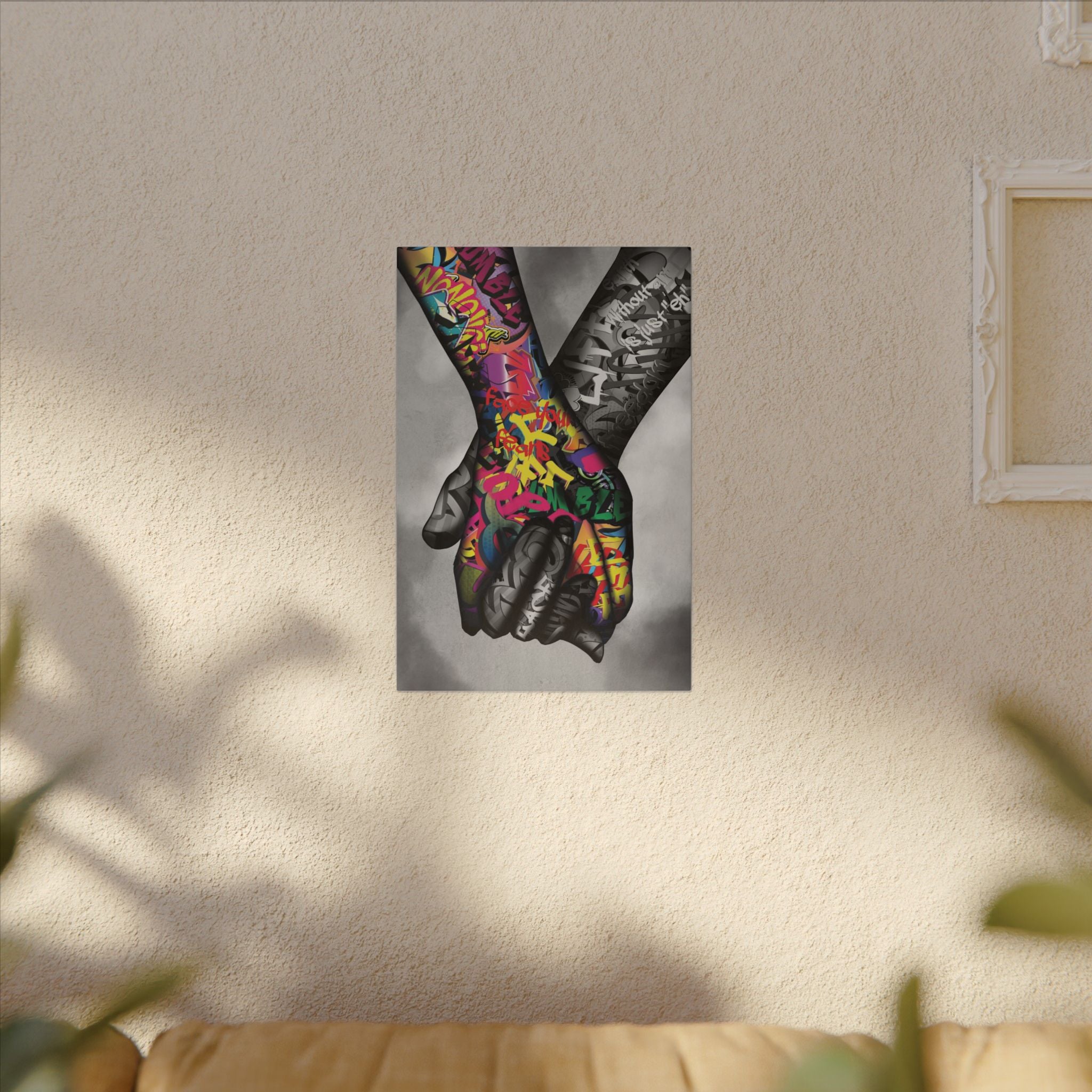 Graffiti Hands Canvas Print — Colorful Holding Hands Wall Art 