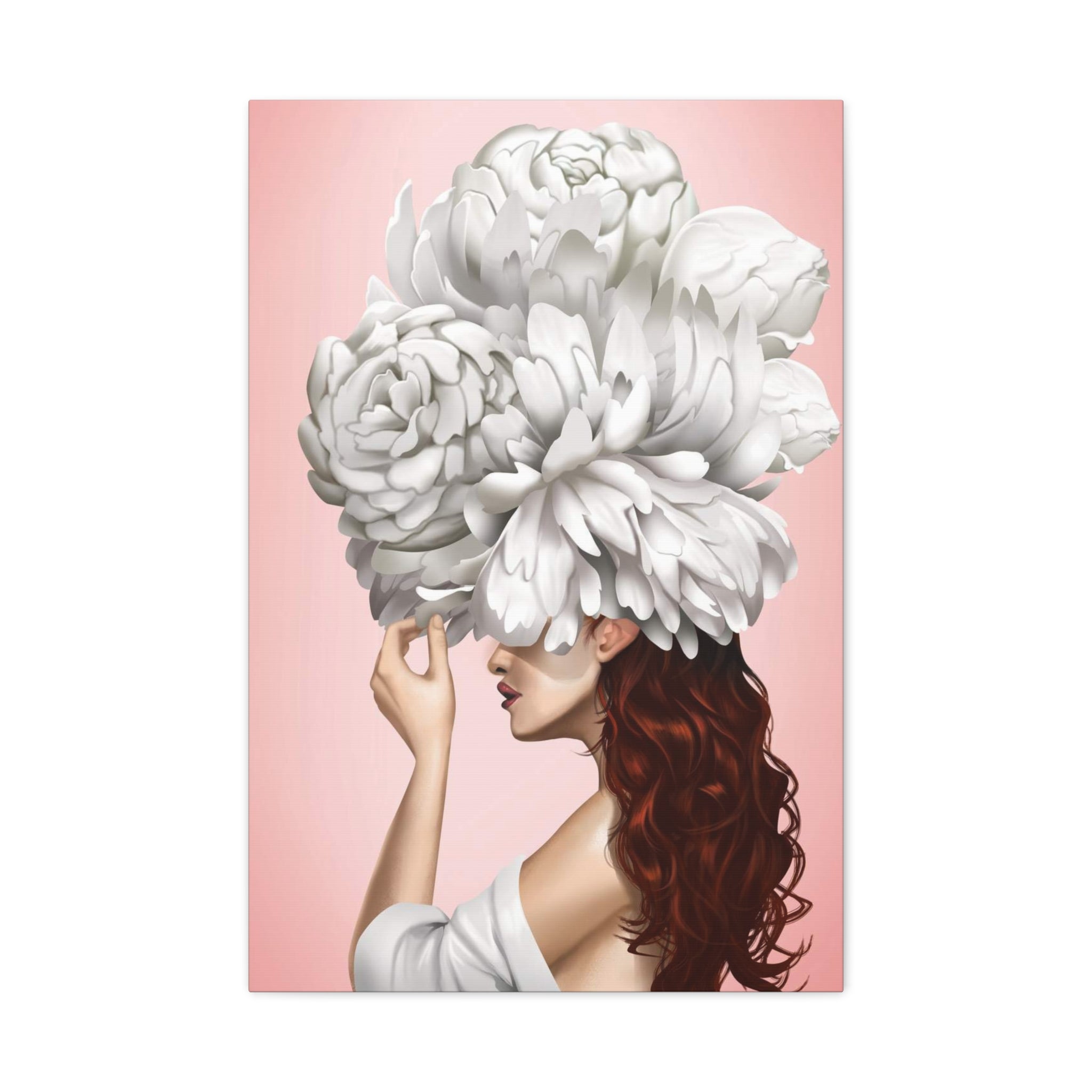 Floral Headdress Art Canvas — Pink Portrait Matte Stretched Wall Art 
