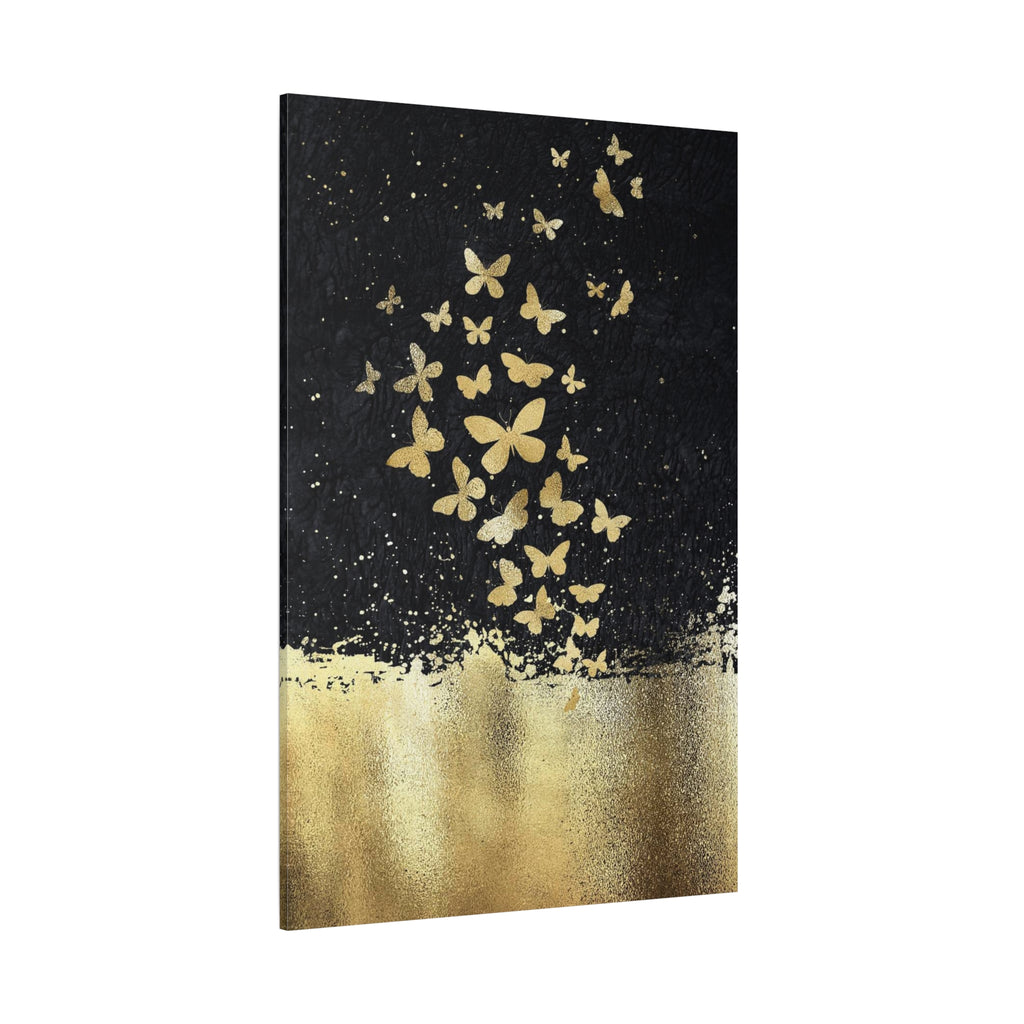 Canvas Art - Gold Butterflies on Black Abstract Matte Stretched Canvas