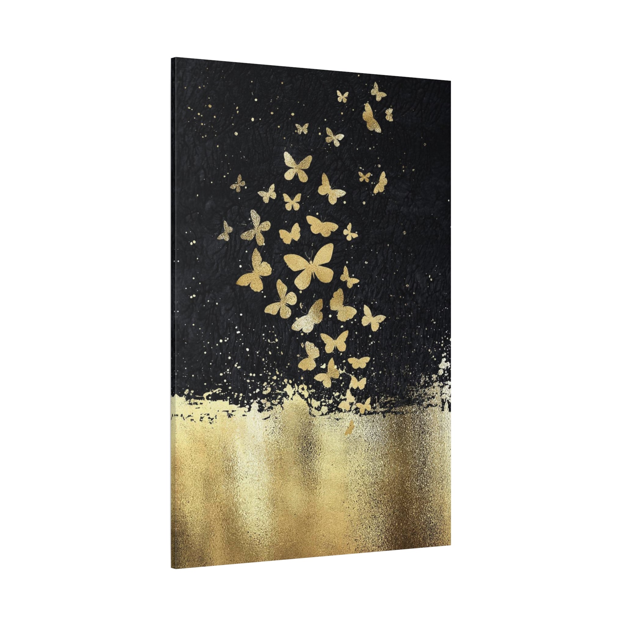 Canvas Art - Gold Butterflies on Black Abstract Matte Stretched Canvas