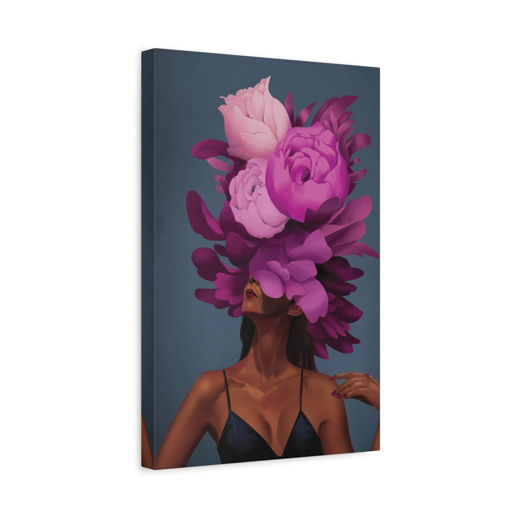 Floral Portrait Canvas Print — Woman with Oversized Pink Peony Hat (Matte Stretched) 