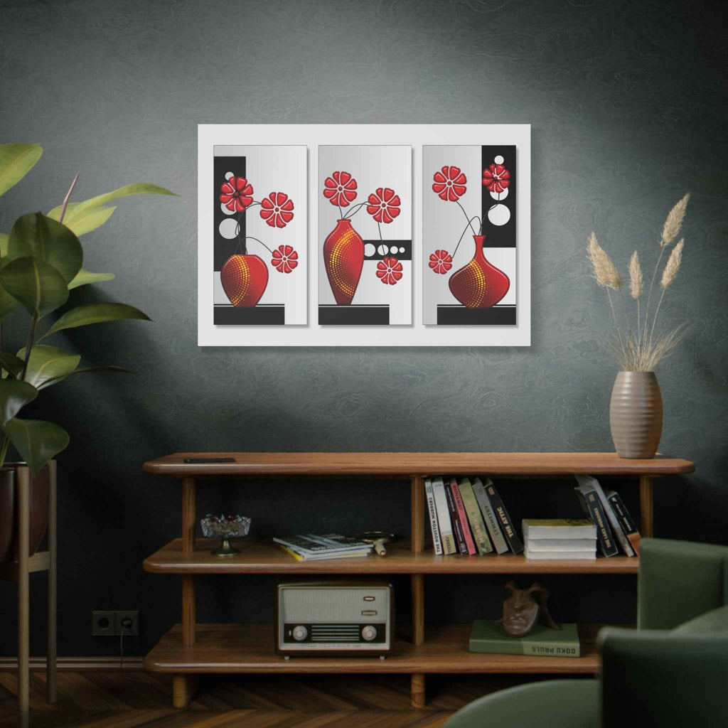 Modern Red Flower Vase Triptych Canvas Wall Art – Floral Wall Decor