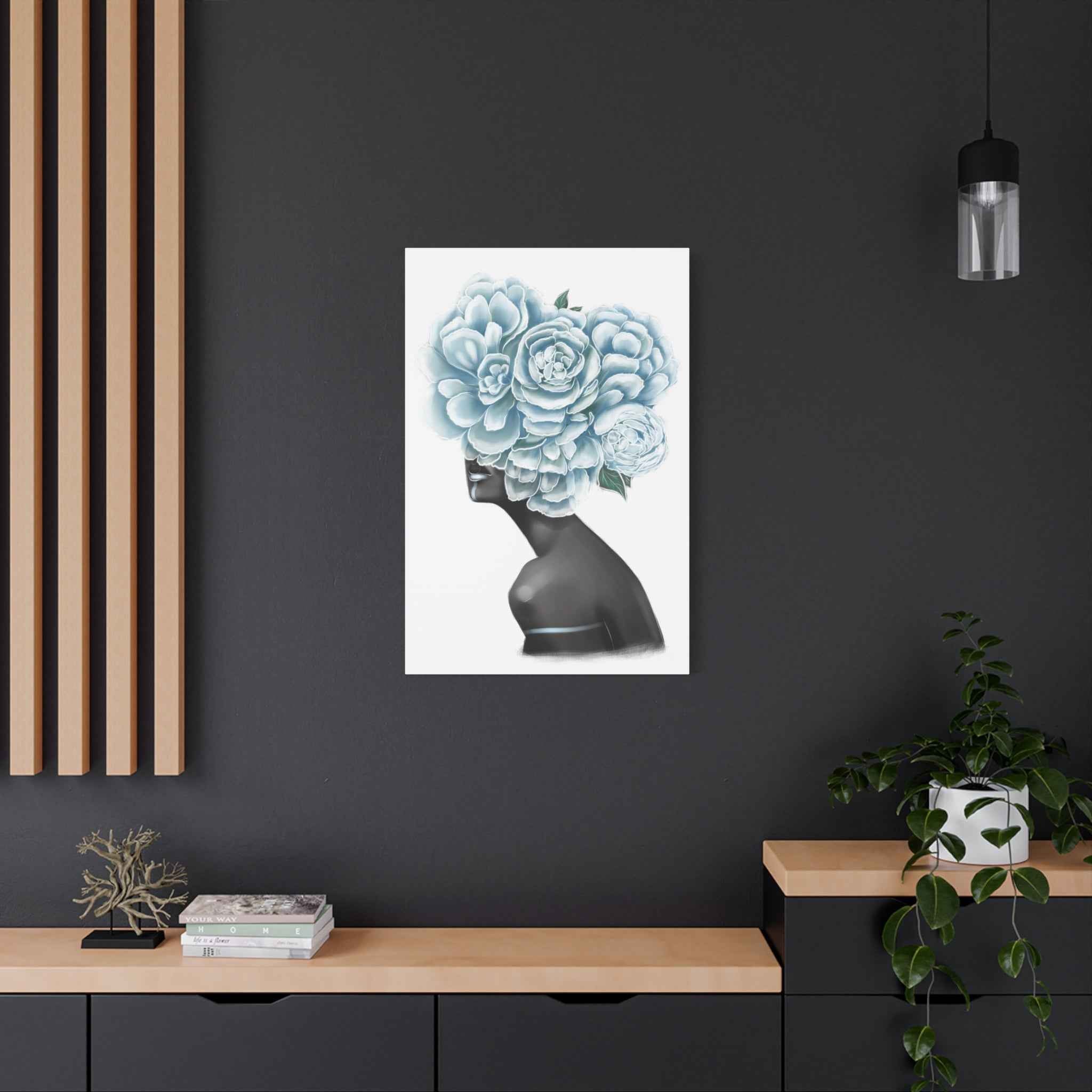 Blue Floral Woman Canvas Wall Art – Abstract Female Portrait