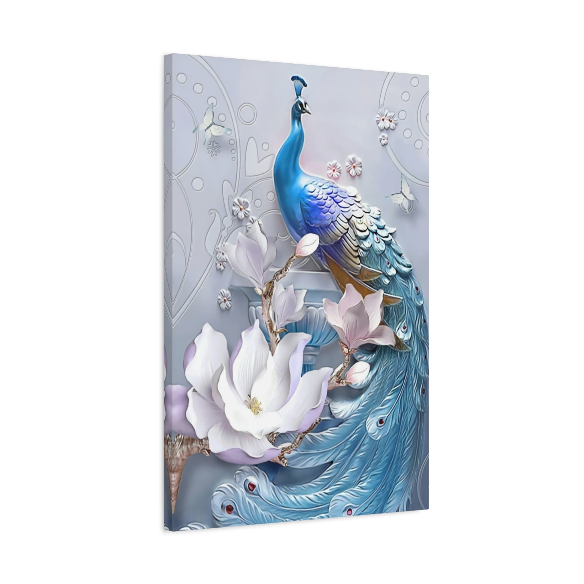 Blue Peacock Floral Canvas Wall Art — Matte Stretched 1.25" 