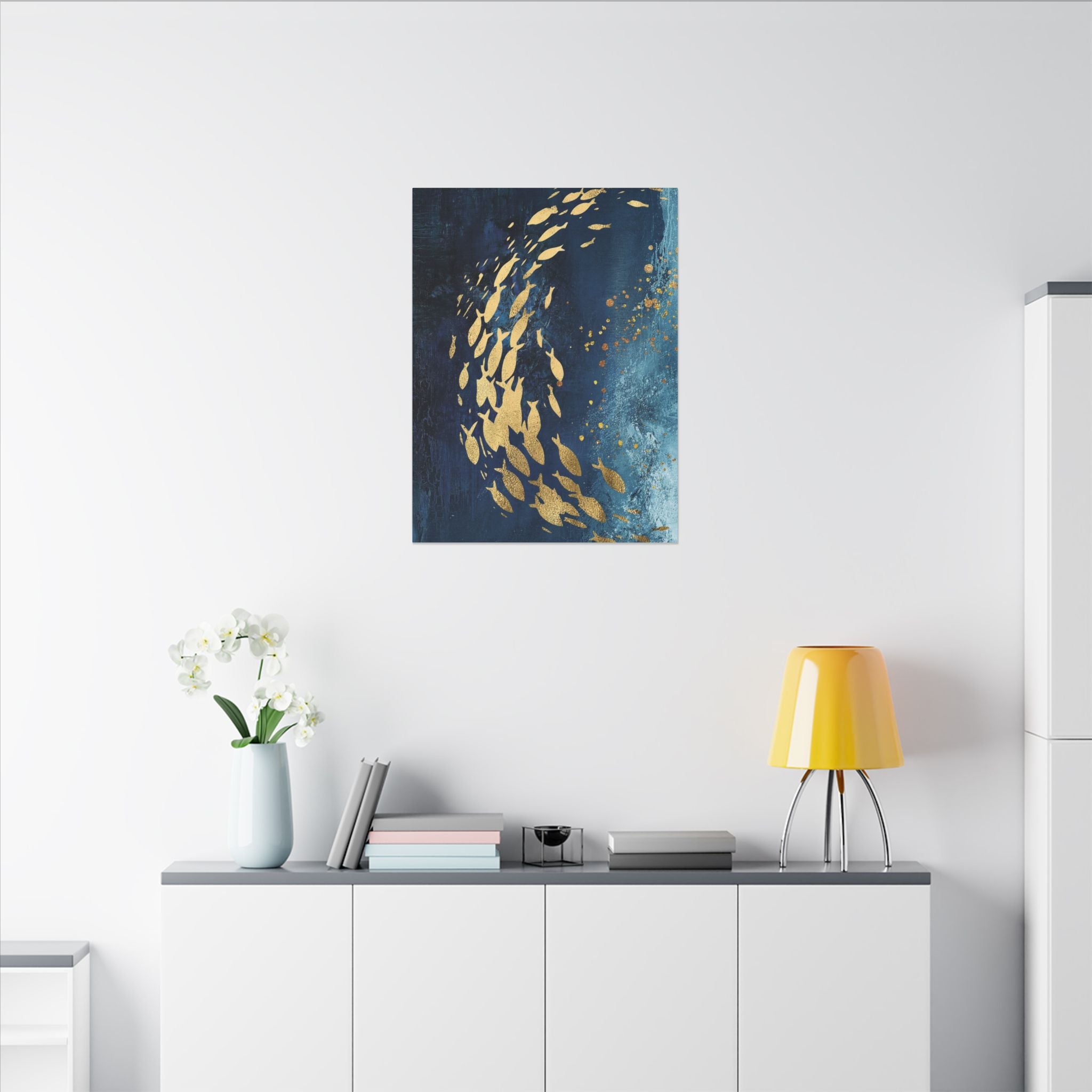 Abstract Gold Fish Canvas — Navy Ocean Wall Art (Matte Stretched)