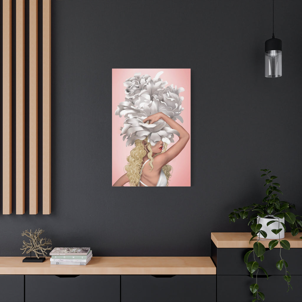 Blushing Muse Floral Canvas Print — Woman with Oversized White Peony Hat