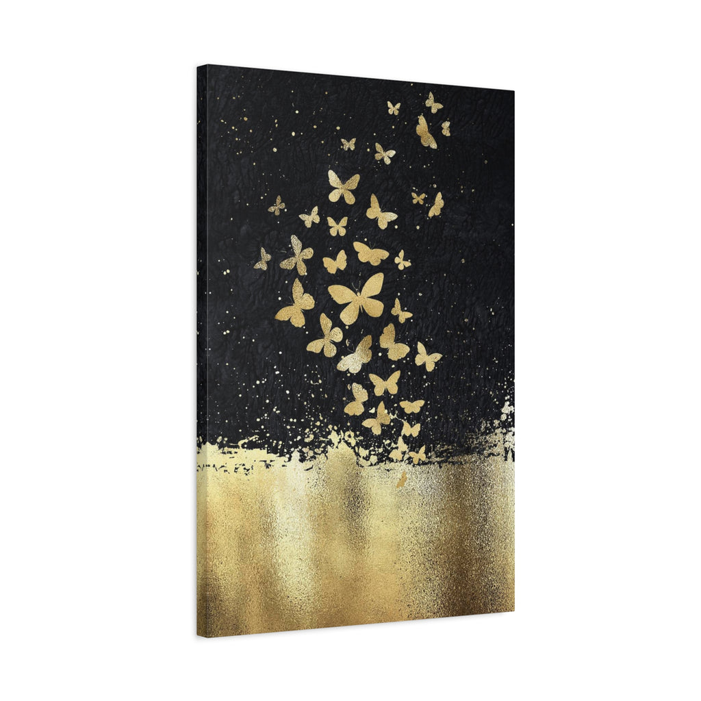 Canvas Art - Gold Butterflies on Black Abstract Matte Stretched Canvas