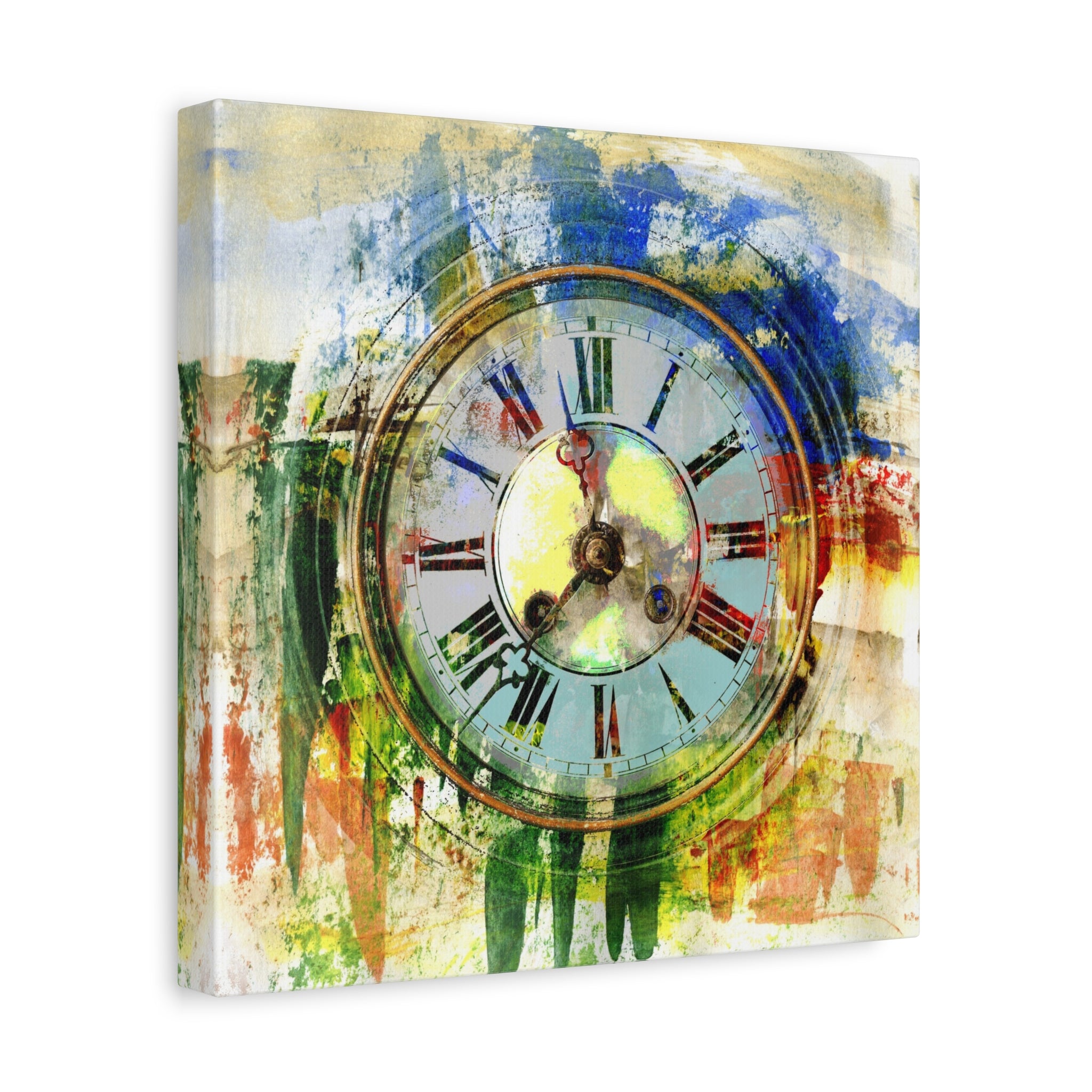 Abstract Vintage Clock Matte Canvas Print — Colorful Stretched Wall Art