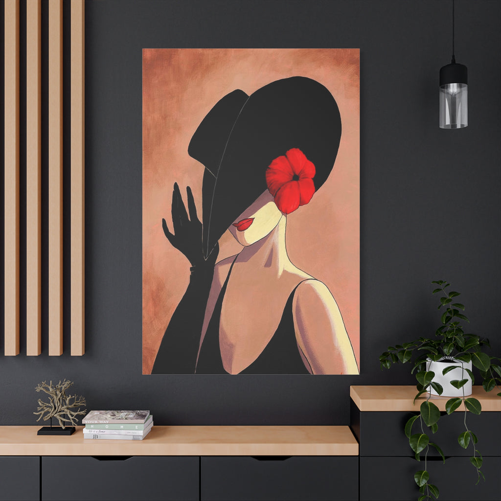 Elegant Lady with Black Hat Canvas Art — Red Flower Portrait 