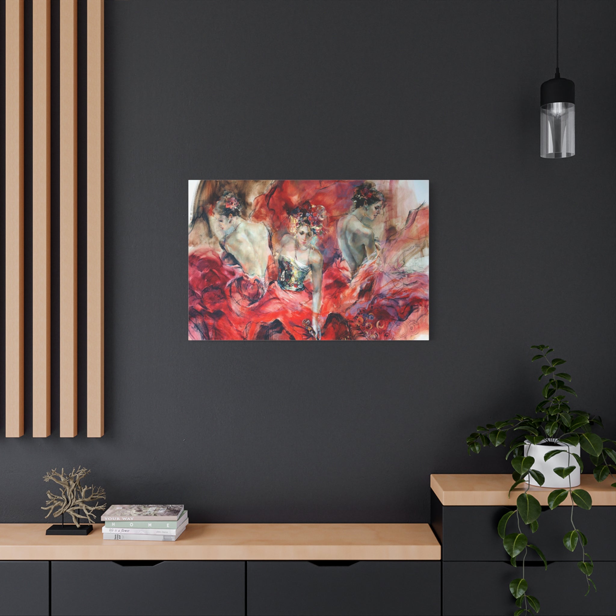 Flamenco Dancers Matte Stretched Canvas Print — Vibrant Red Ballet Wall Art 