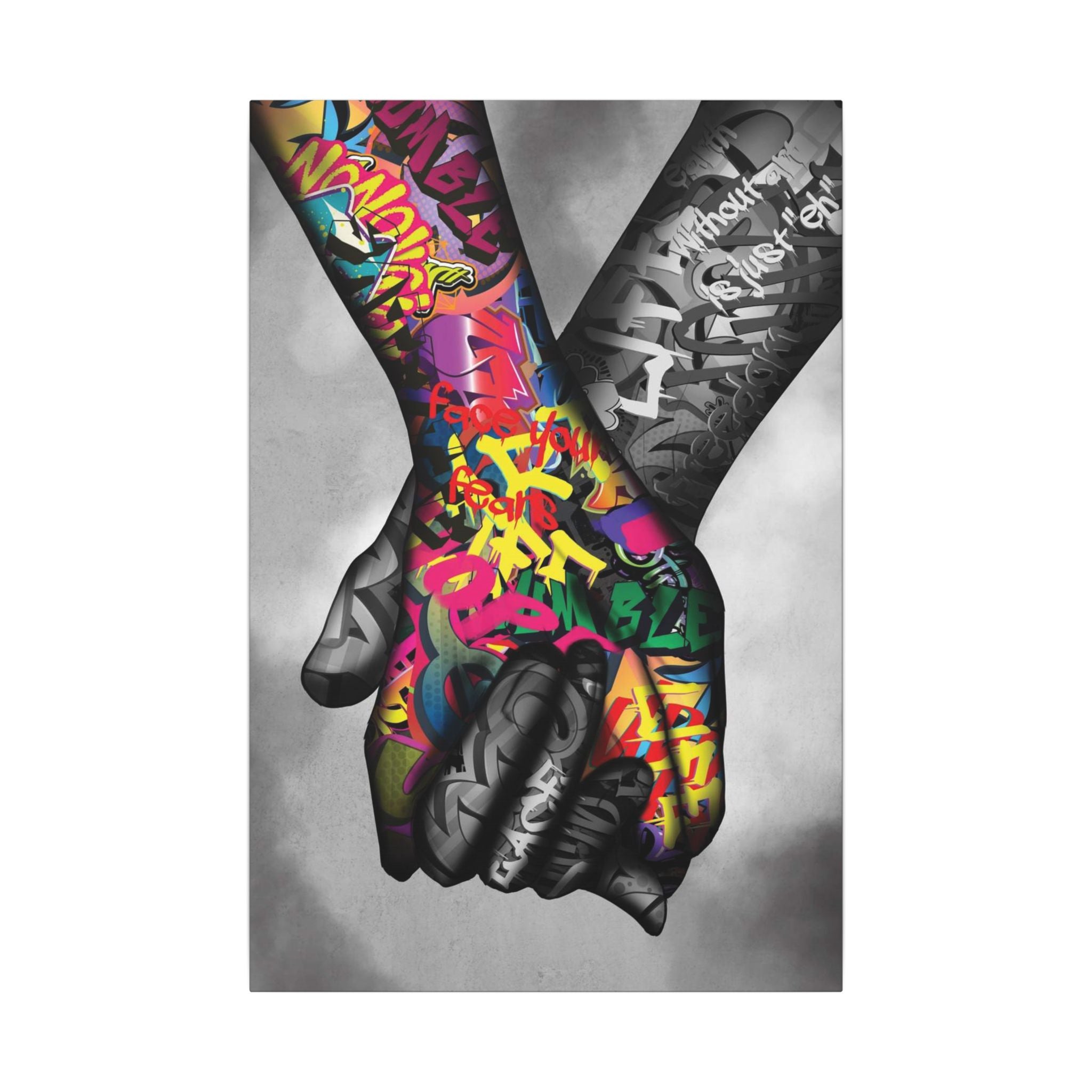 Graffiti Hands Canvas Print — Colorful Holding Hands Wall Art 