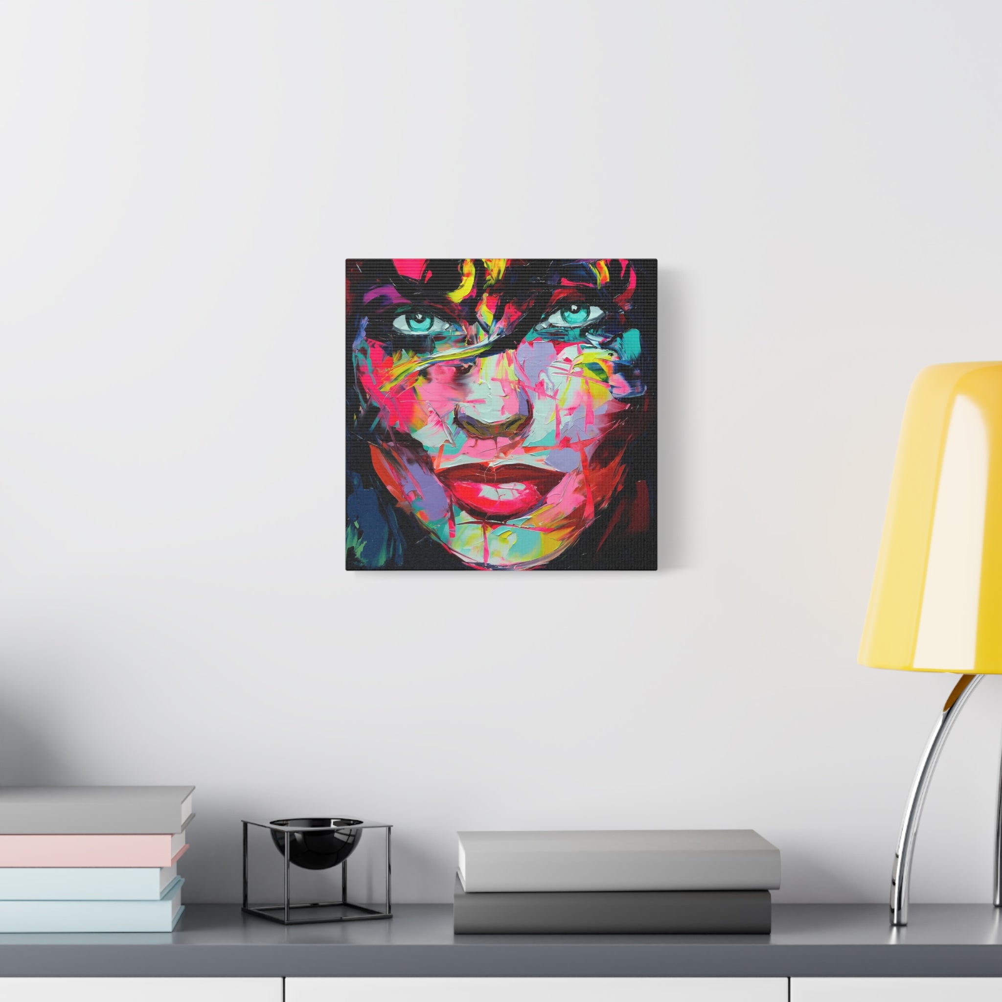 Colorful Abstract Portrait Canvas Print — Neon Female Face Matte Stretched Wall Art