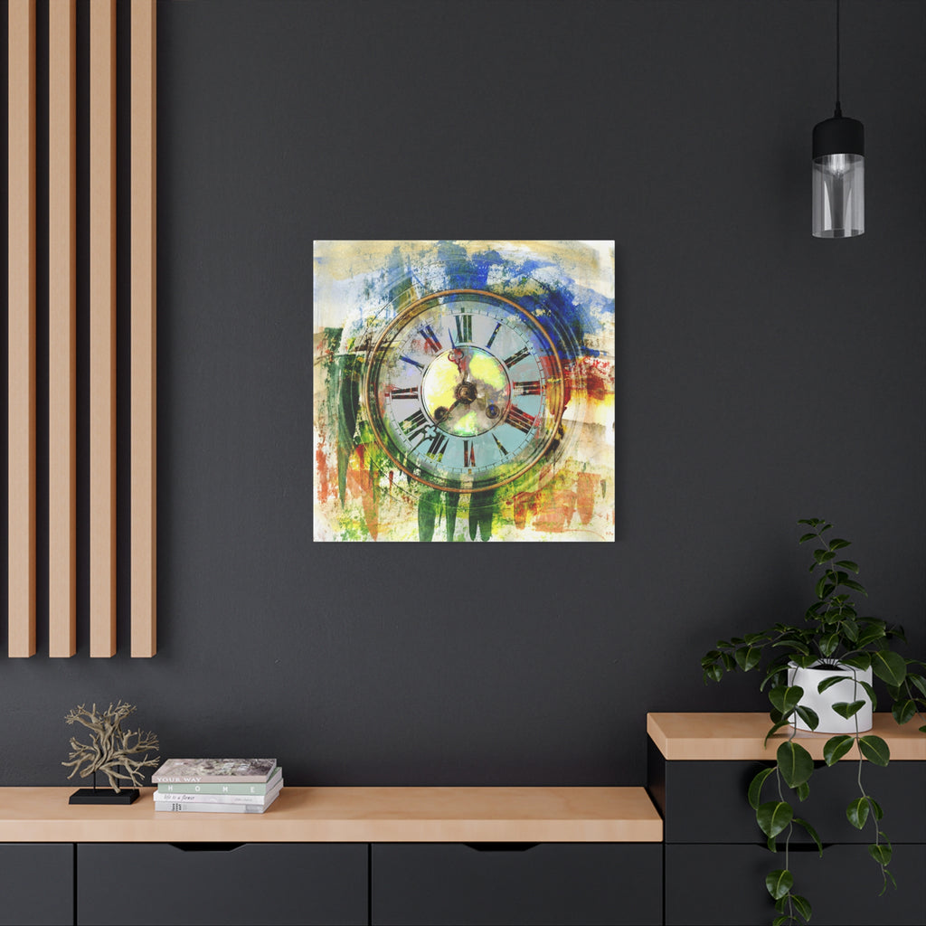 Abstract Vintage Clock Canvas Print - Colorful Matte Stretched Wall Art - TheKaraHan
