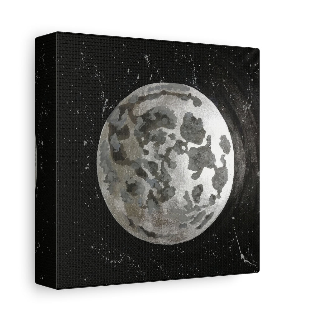 Lunar Moon Canvas Print — Watercolor Moon Art on Black Starry Background 