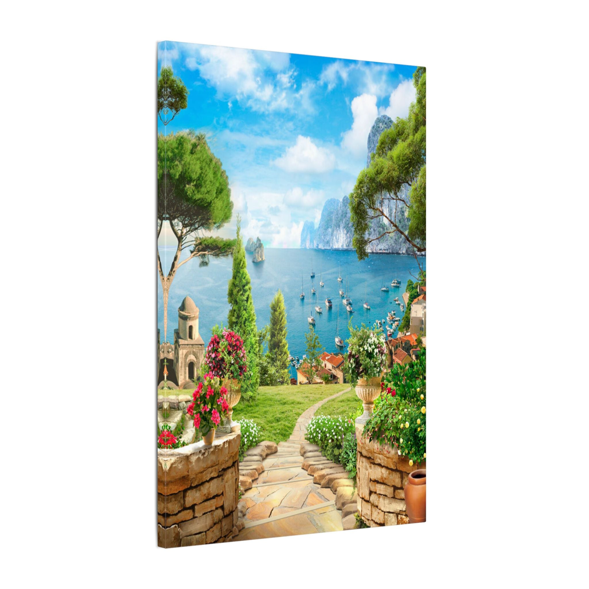 Canvas Wall Art - Mediterranean Seaside Pathway Painting (Matte Stretched Canvas)