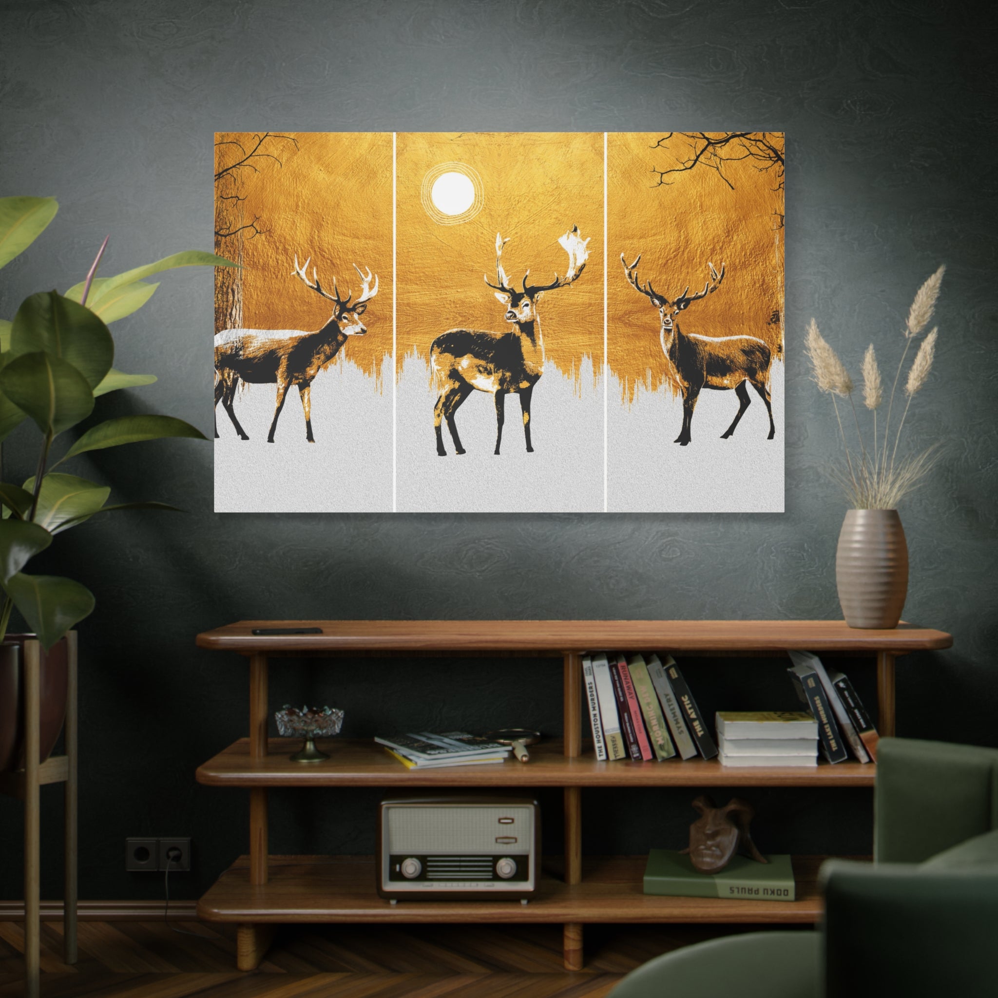 Golden Stag Triptych Canvas Wall Art — Matte Stretched Deer Print