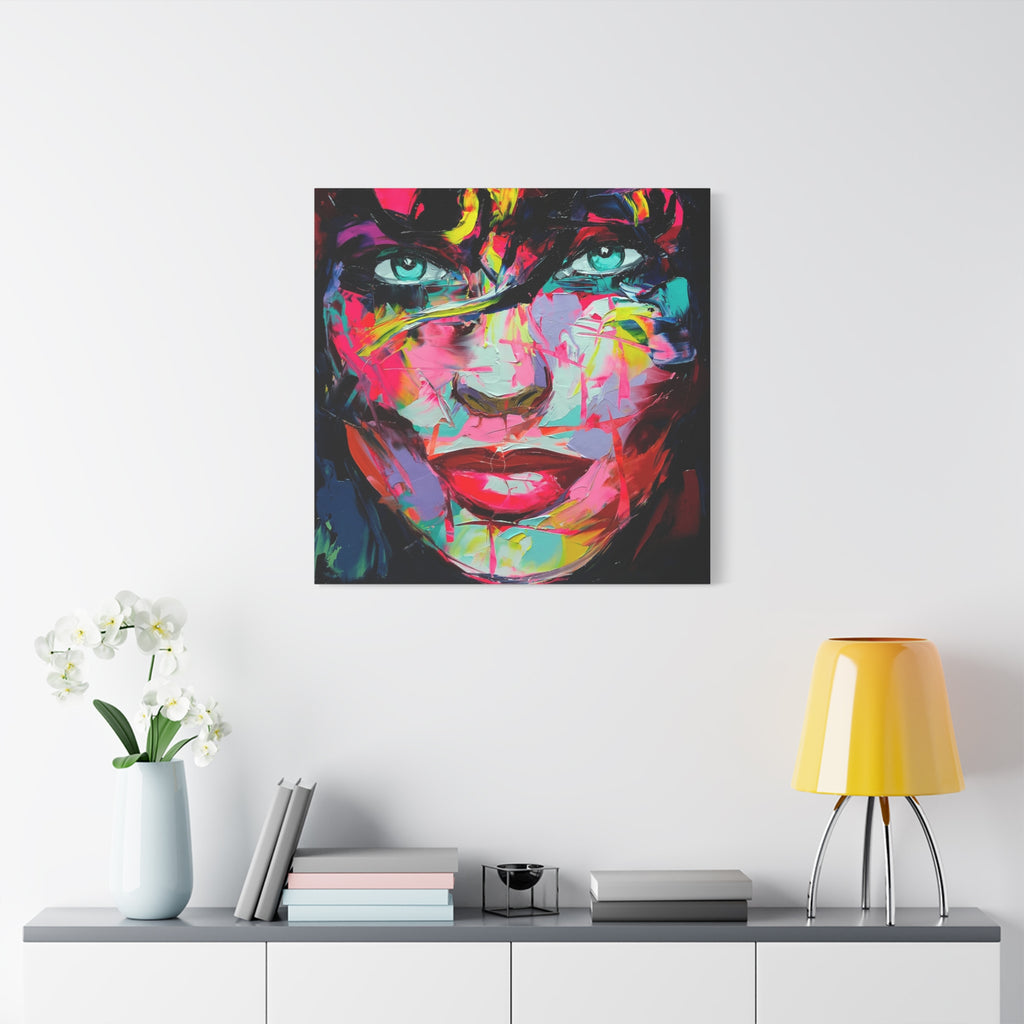 Colorful Abstract Portrait Canvas Print — Neon Female Face Matte Stretched Wall Art