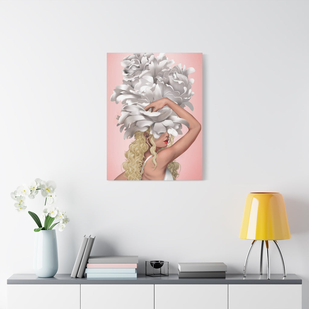 Blushing Muse Floral Canvas Print — Woman with Oversized White Peony Hat