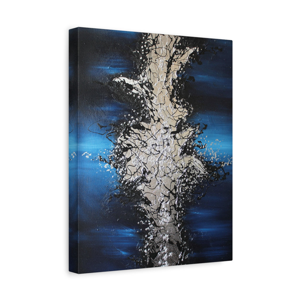Abstract Oceanic Burst Canvas Print — Blue & Silver Matte Stretched Wall Art