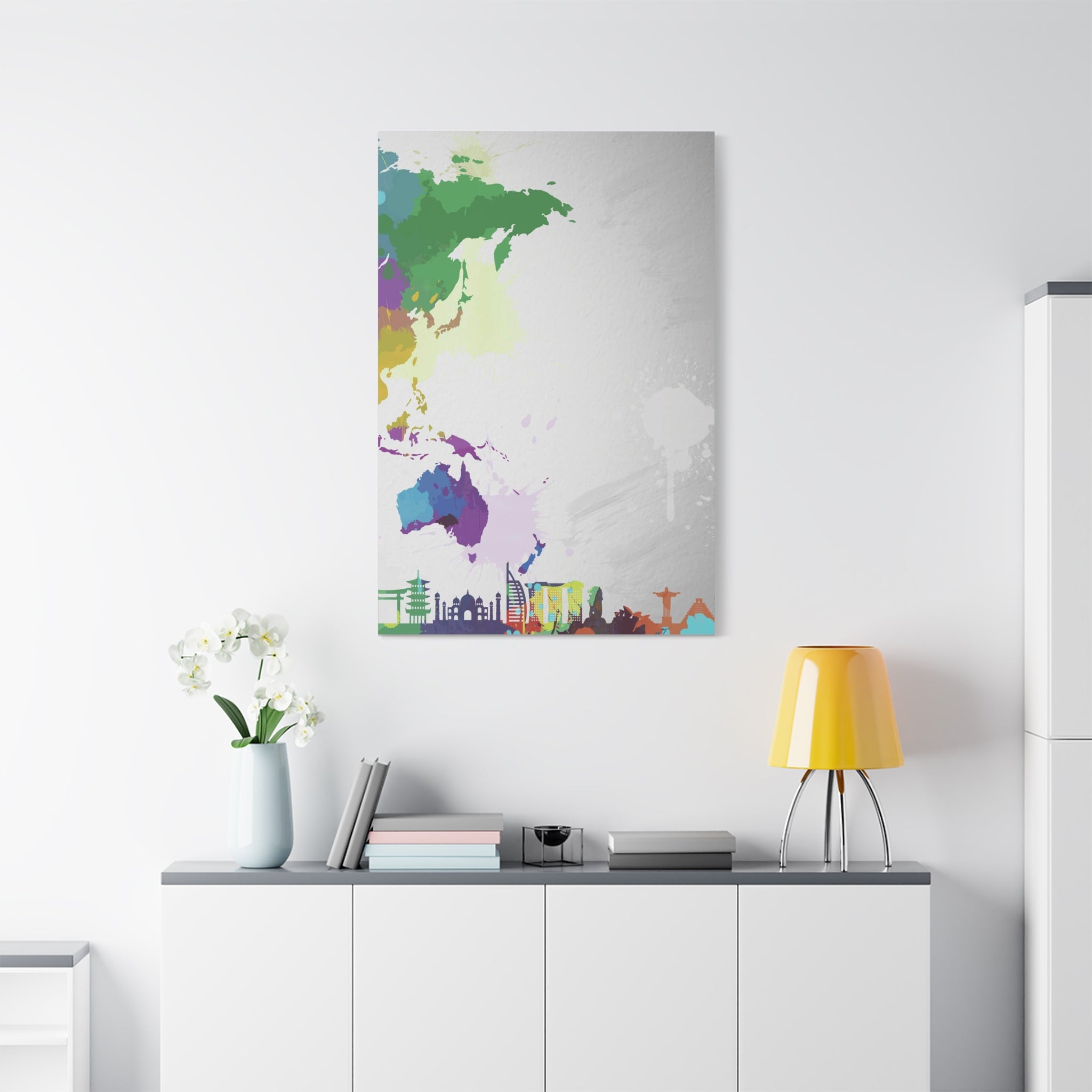 World Map Silhouette Canvas – Colorful Travel Skyline Wall Art