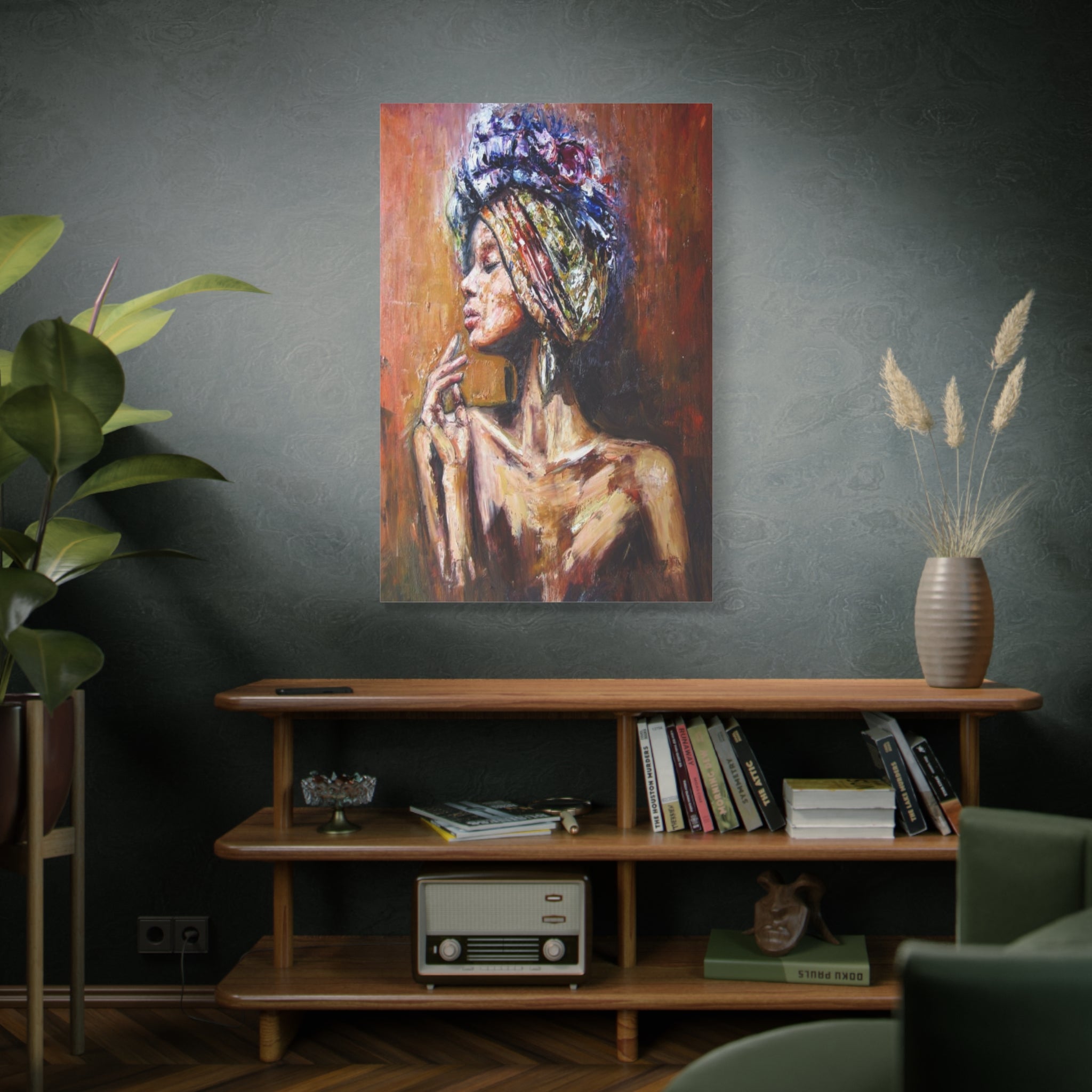 African Queen Portrait Matte Canvas Print — Colorful Textured Headwrap Wall Art