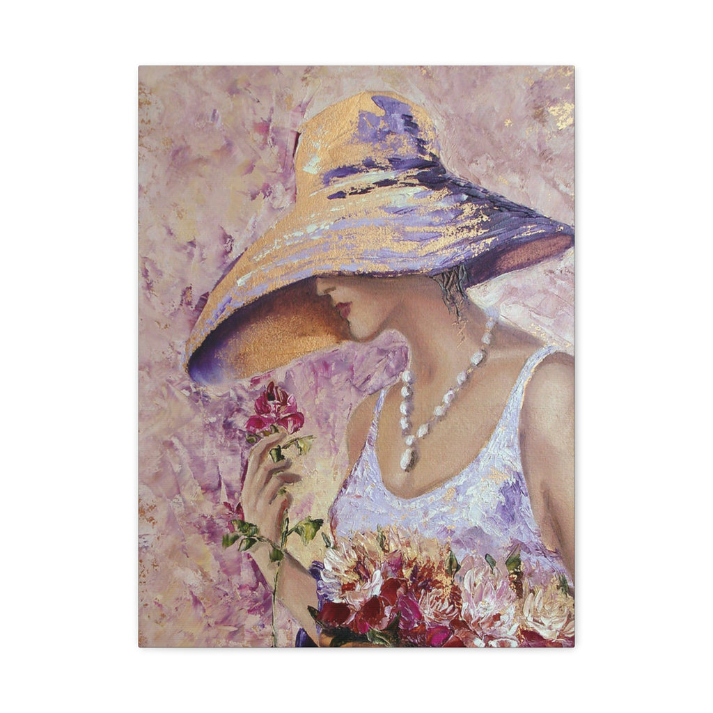 Floral Wall Art - Lady in Wide Brim Hat on Matte Stretched Canvas - TheKaraHan
