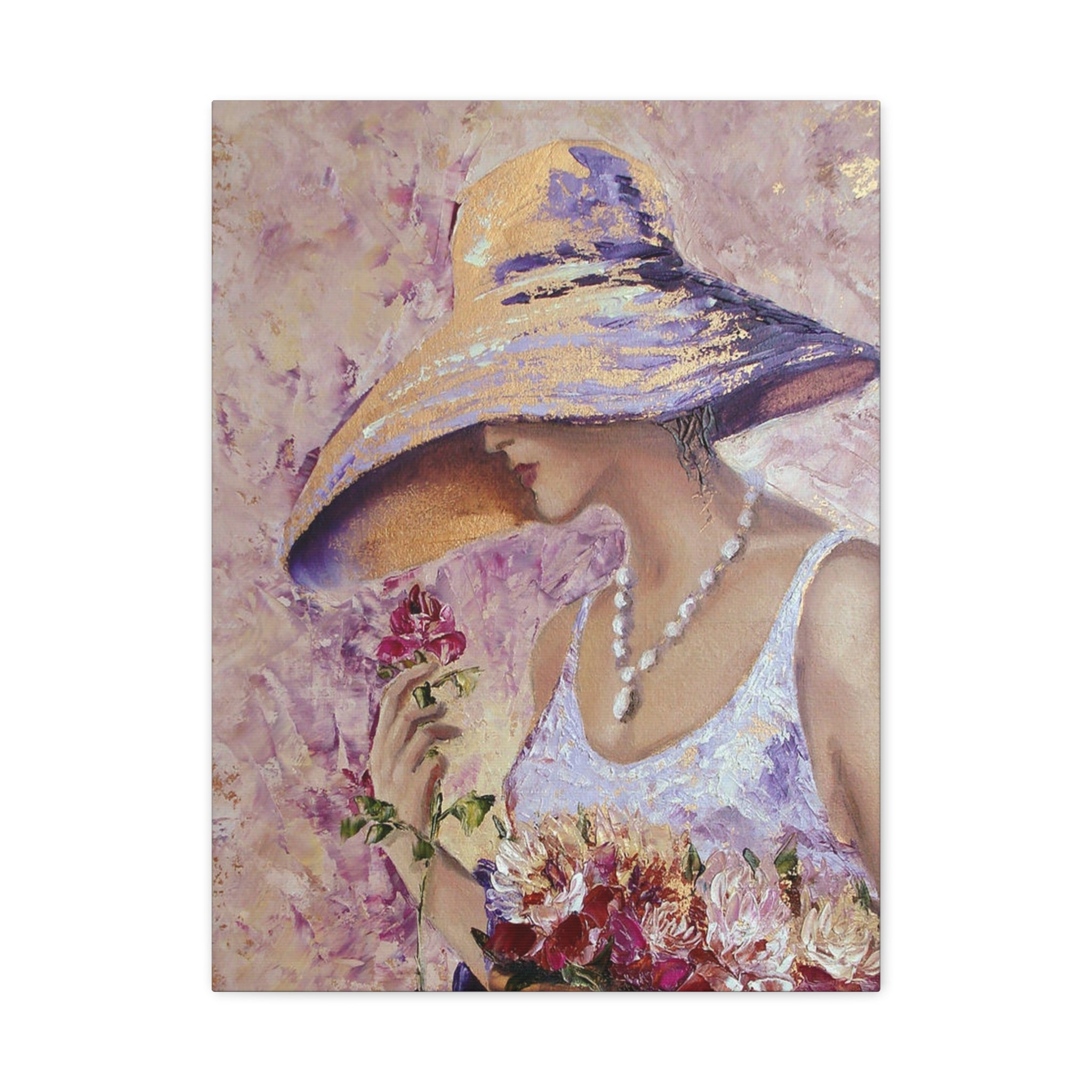 Floral Lady in Wide Brim Hat — Matte Stretched Canvas Wall Art 