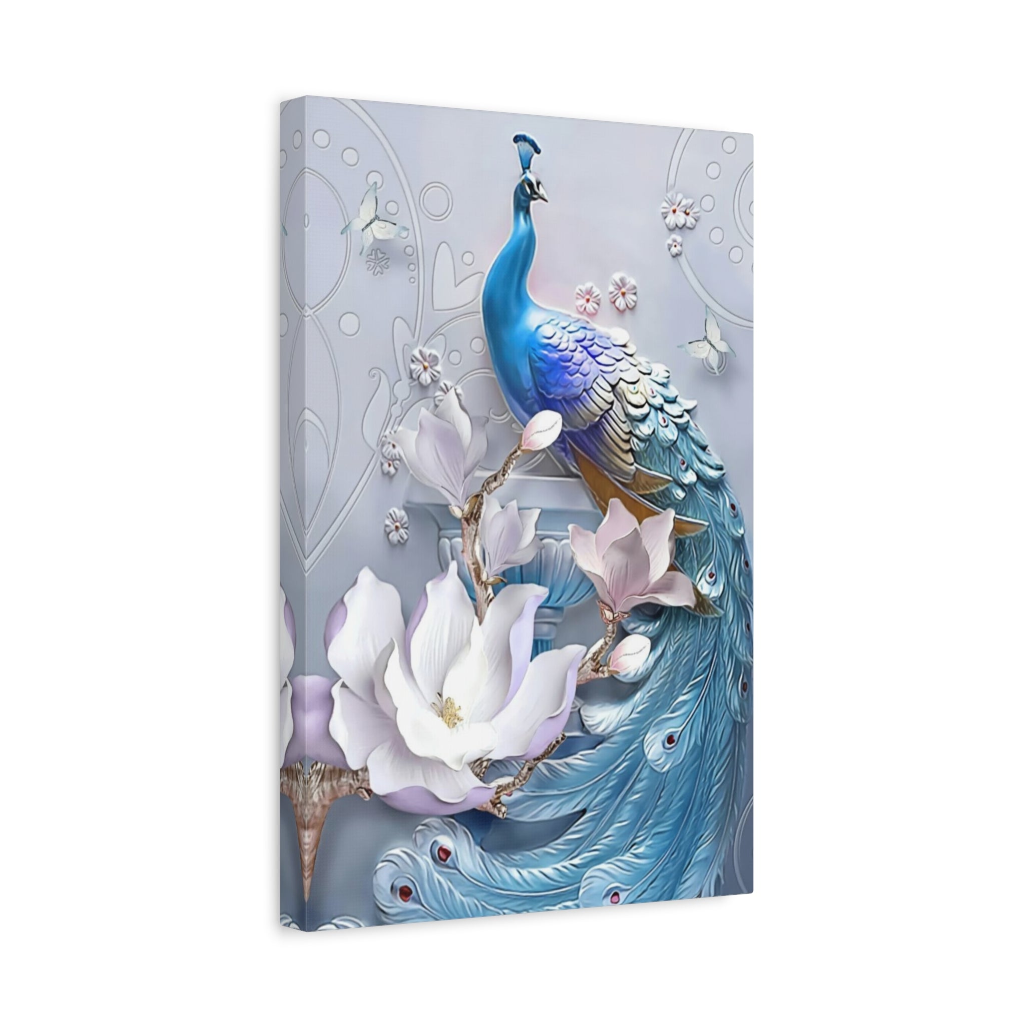 Blue Peacock Floral Canvas Wall Art — Matte Stretched 1.25" 