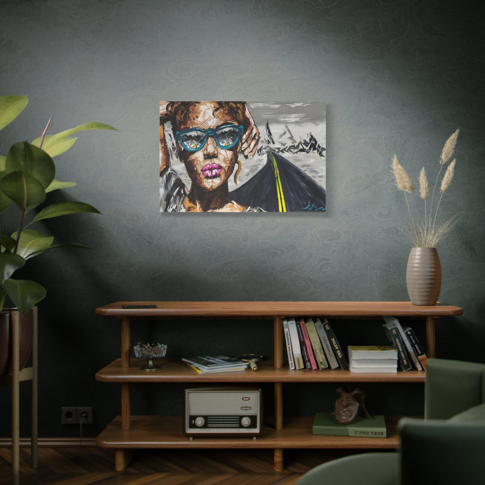 Modern Pop Portrait Canvas Wall Art — Woman with Sunglasses & Road