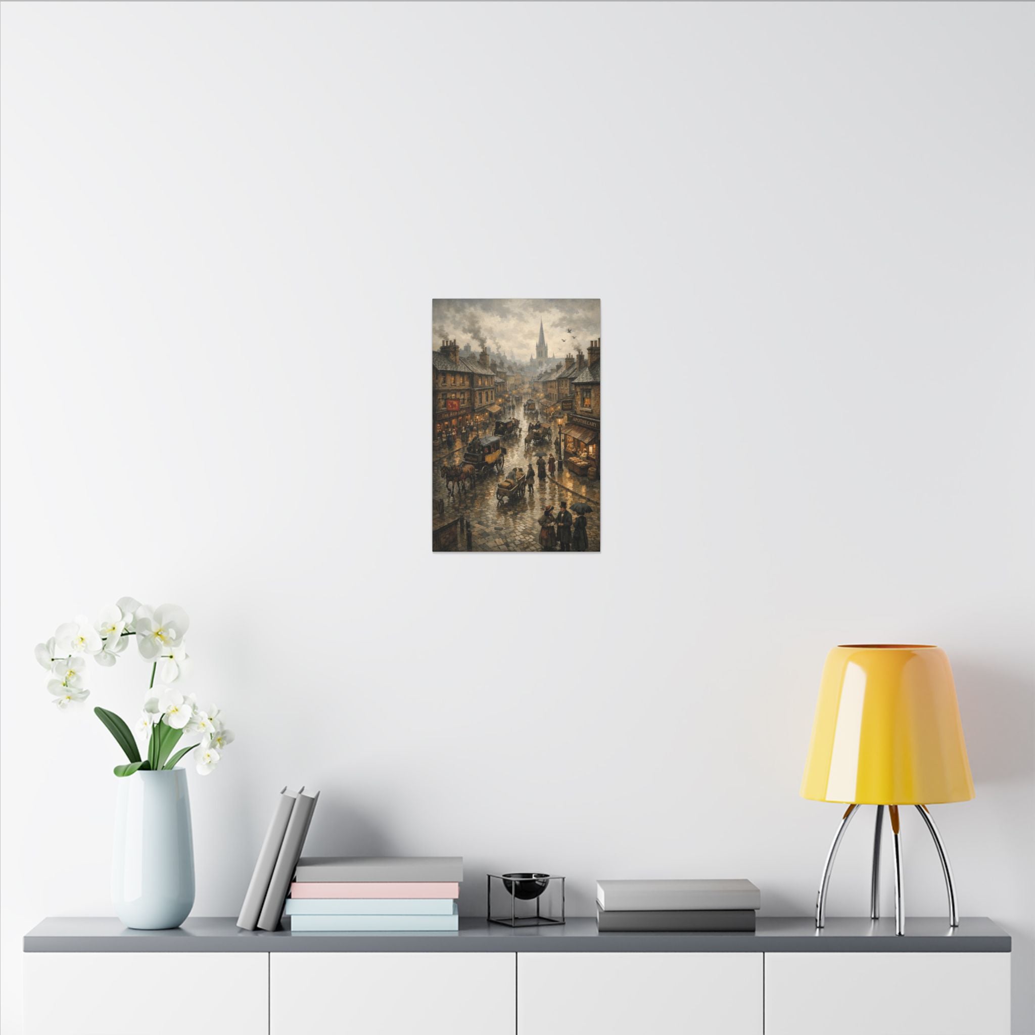 Victorian Street Scene Matte Canvas Wall Art — Vintage Rainy Cityscape 