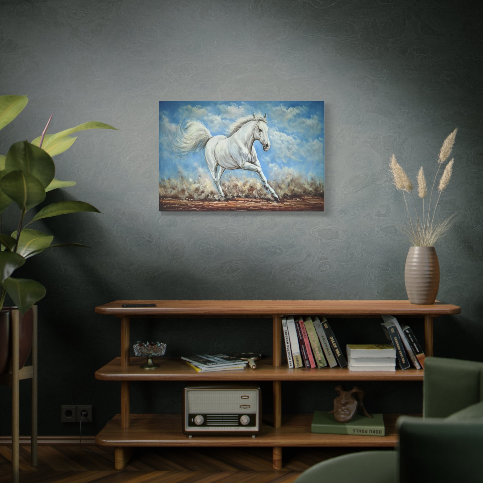 White Horse Running Canvas Wall Art — Stretched Matte Canvas 