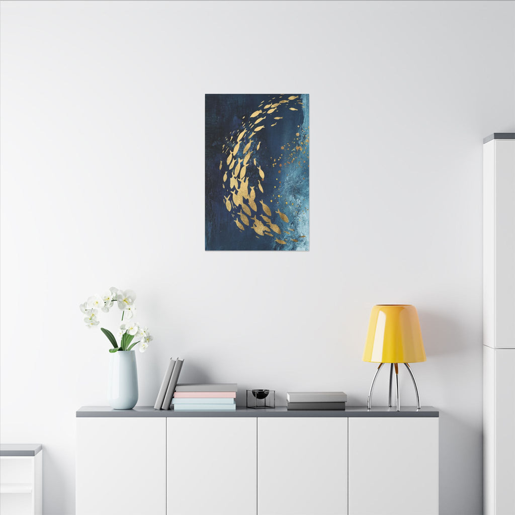 Abstract Gold Fish Canvas — Navy Ocean Wall Art (Matte Stretched)