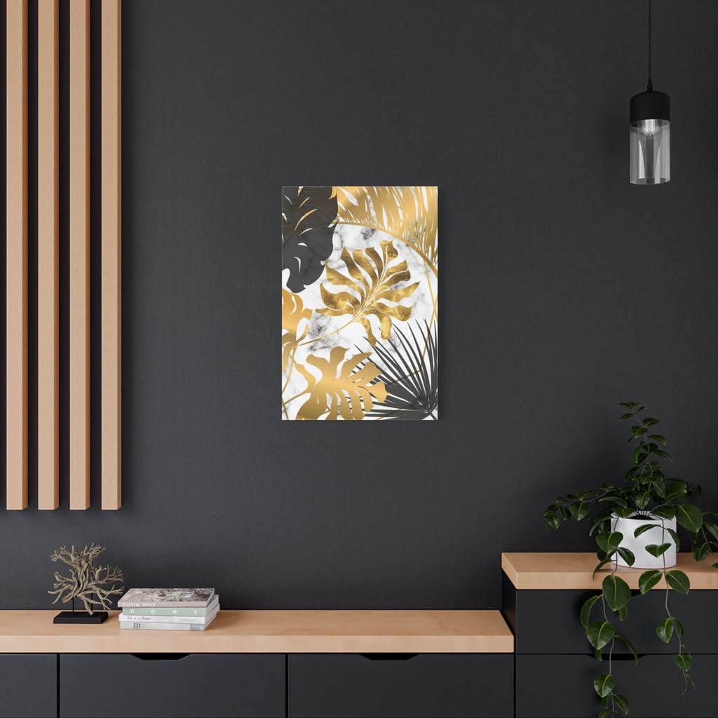 Gold & Black Tropical Leaves Canvas Wall Art — Modern Marble Botanical Print 