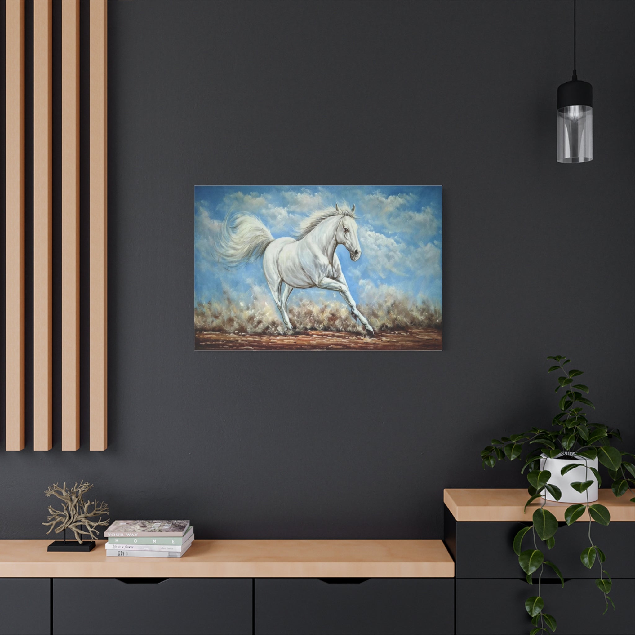 White Horse Running Canvas Wall Art — Stretched Matte Canvas 