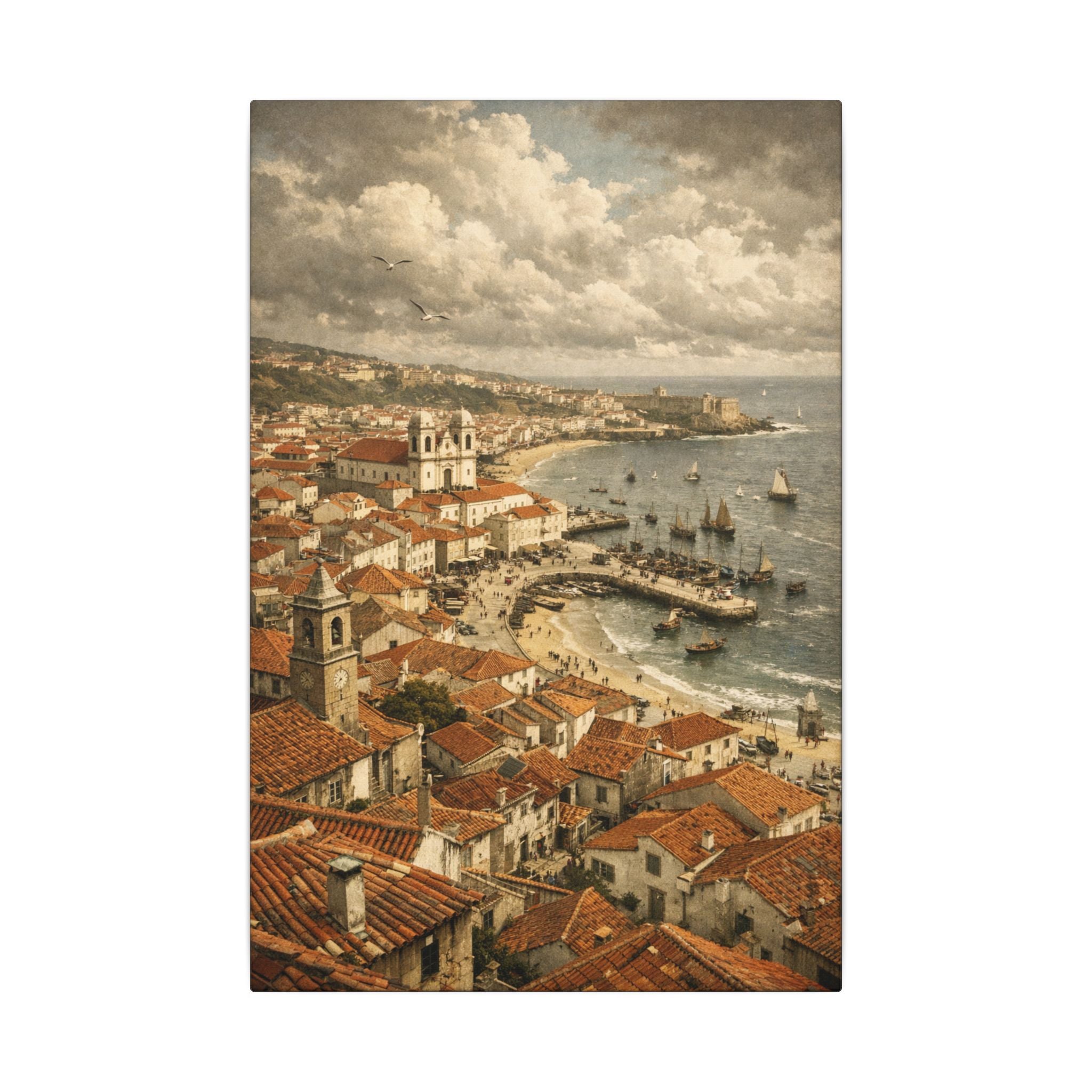 Coastal Mediterranean Canvas Print — Vintage Seaside Town Wall Art 