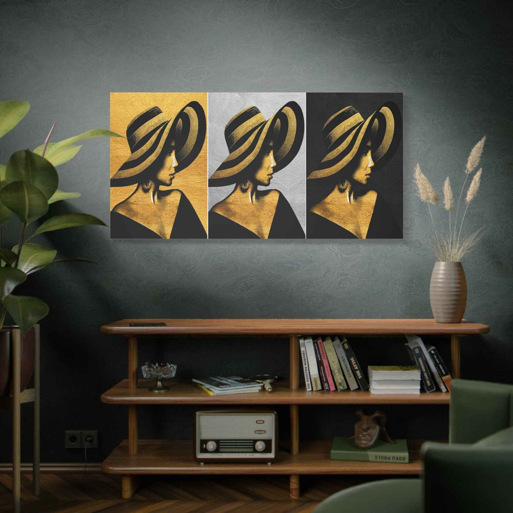 Golden Fashion Woman Portrait Triptych Canvas Wall Art – Luxury Decor
