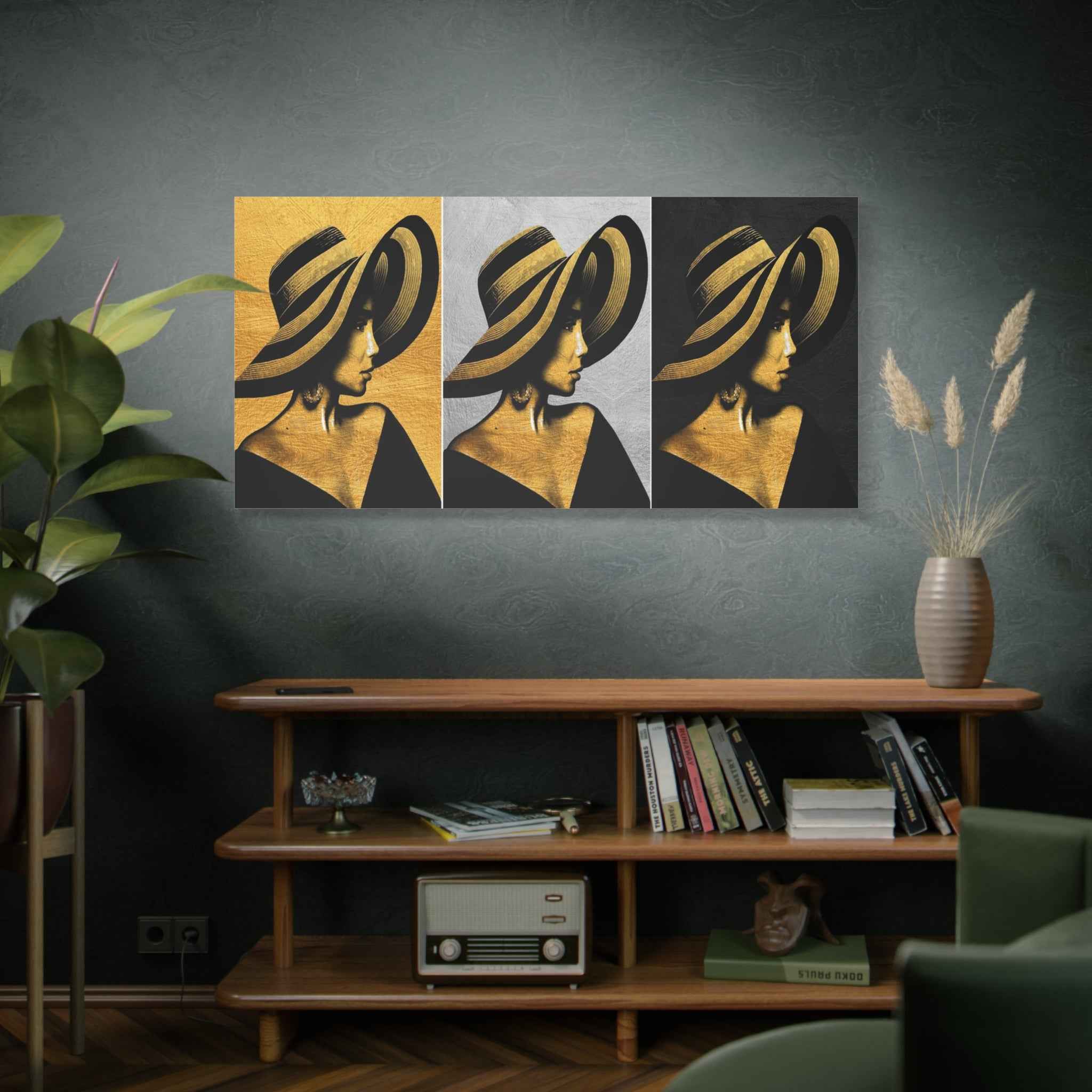 Golden Fashion Woman Portrait Triptych Canvas Wall Art – Luxury Decor