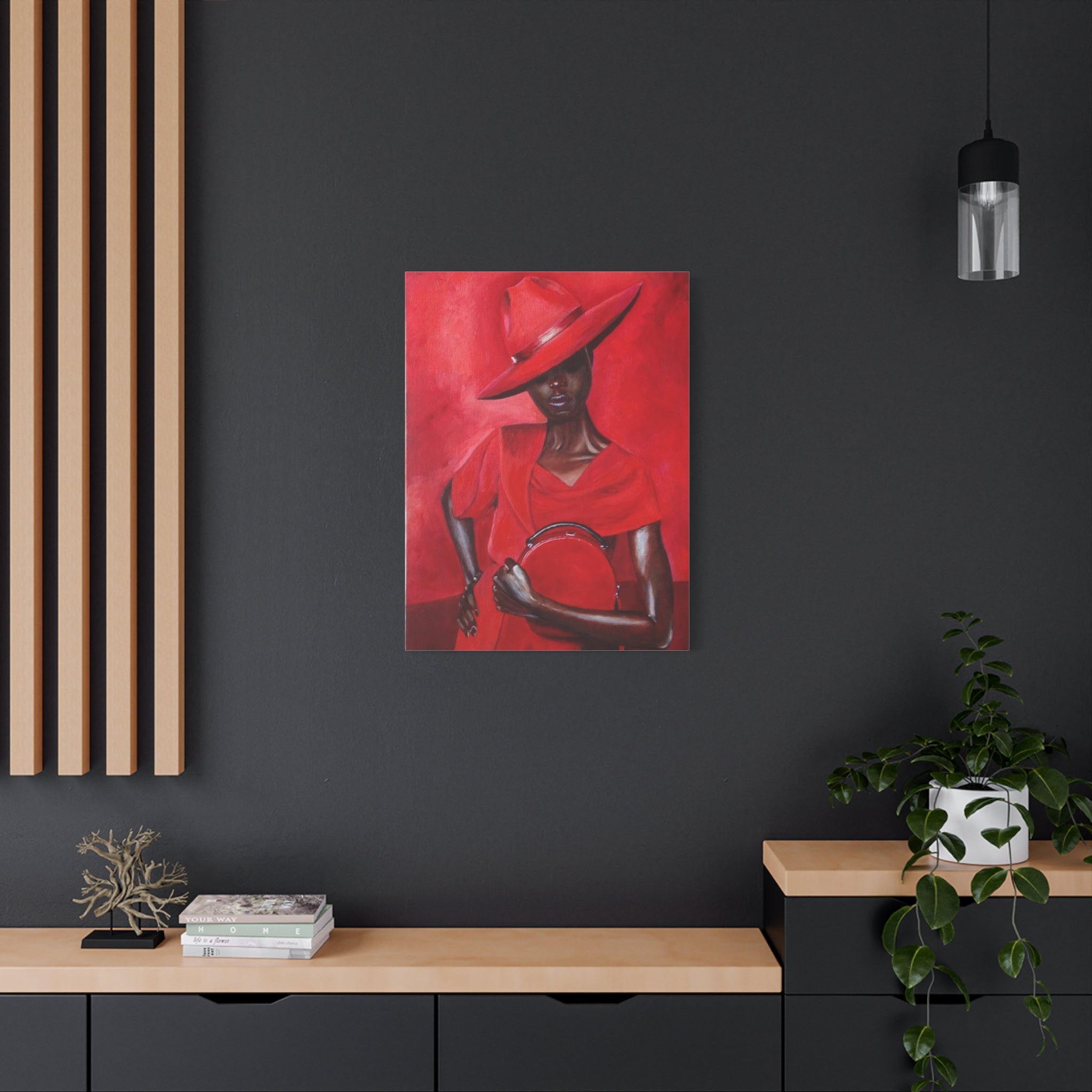 Elegant Red Hat Lady Canvas Print — Fashion Portrait Matte Stretched Wall Art 