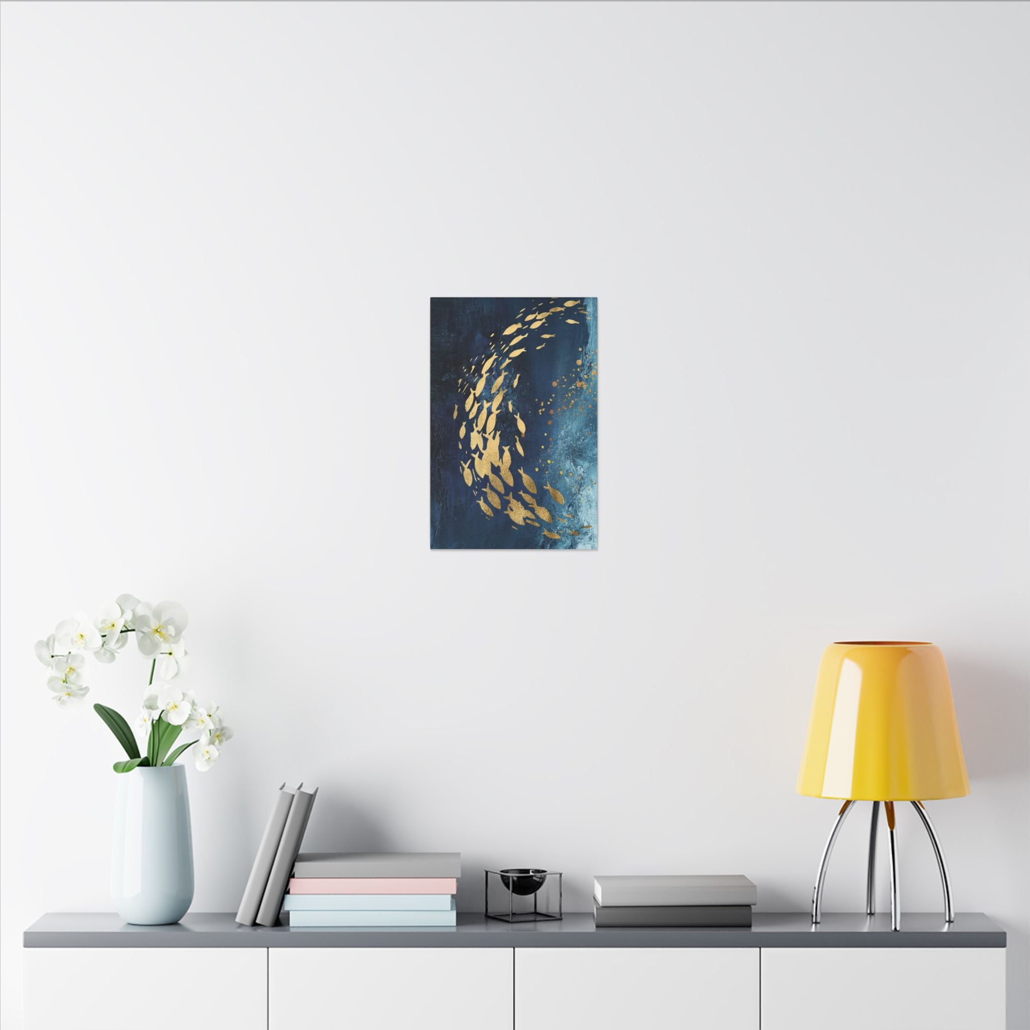 Abstract Gold Fish Canvas — Navy Ocean Wall Art (Matte Stretched)