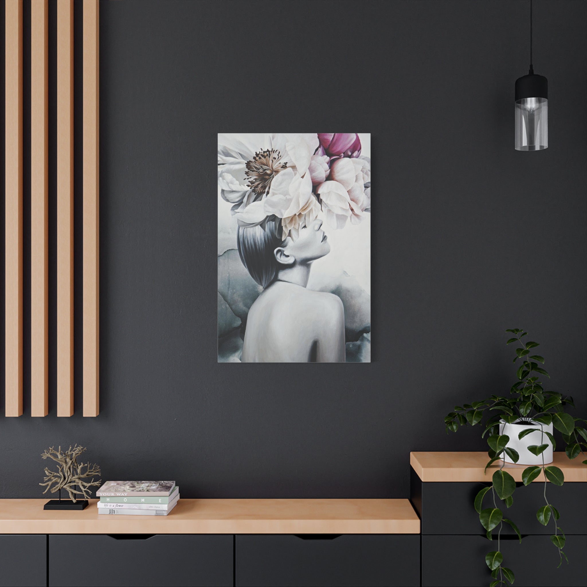 Floral Dreamscape Matte Canvas Print — Elegant Woman with Peonies Wall Art