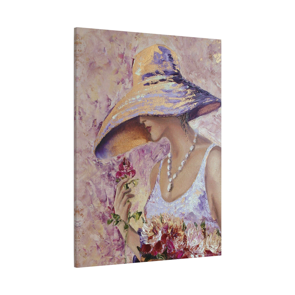 Floral Lady in Wide Brim Hat — Matte Stretched Canvas Wall Art