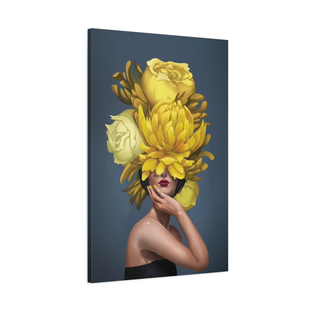 Yellow Floral Femme Canvas Wall Art — Modern Portrait with Giant Flowers 