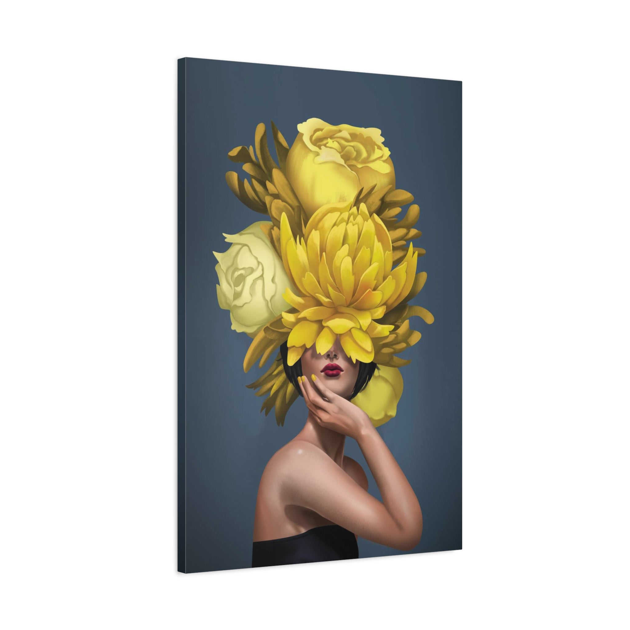 Yellow Floral Femme Canvas Wall Art — Modern Portrait with Giant Flowers 