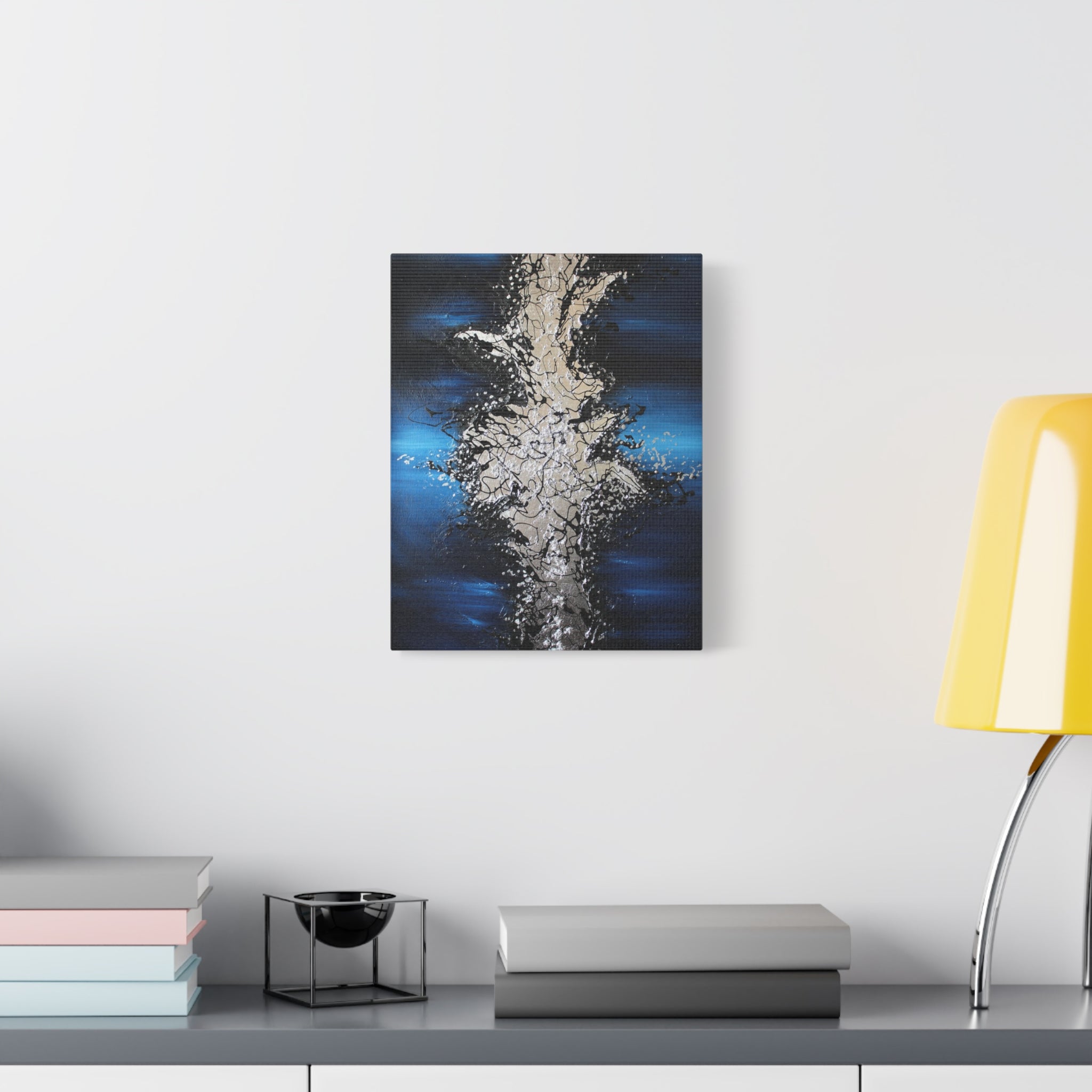 Abstract Oceanic Burst Canvas Print — Blue & Silver Matte Stretched Wall Art