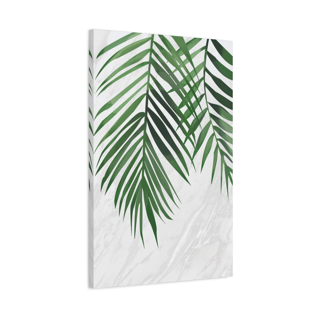 Tropical Palm Leaf Canvas Wall Art — Green Palm Fronds on Marble Matte Canvas 