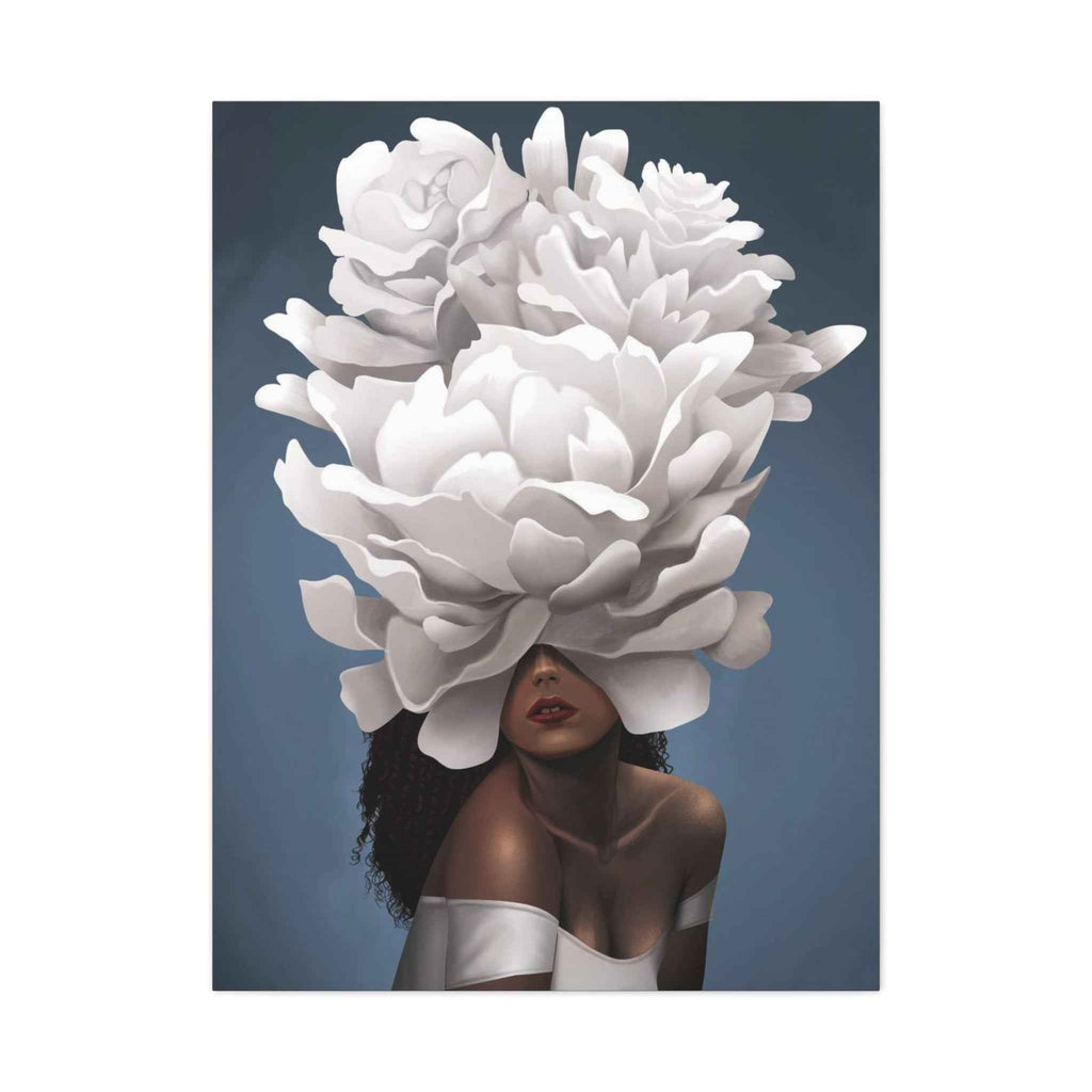 Floral Veil Canvas Wall Art — Elegant Woman with Oversized White Peony - TheKaraHan