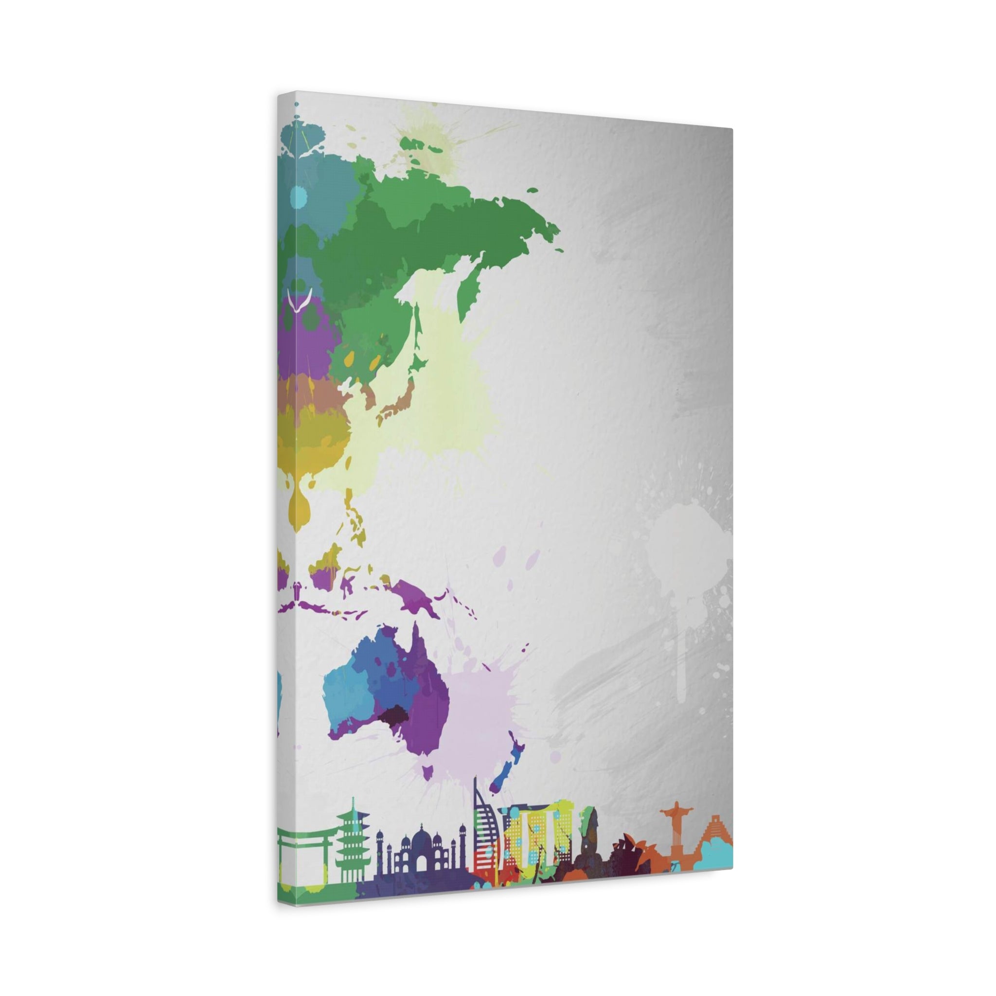 World Map Silhouette Canvas – Colorful Travel Skyline Wall Art