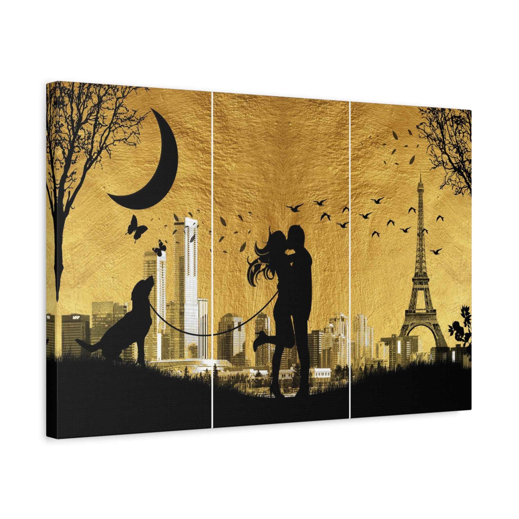 Romantic Paris Wall Art - Couple Triptych Canvas with Eiffel Tower Decor