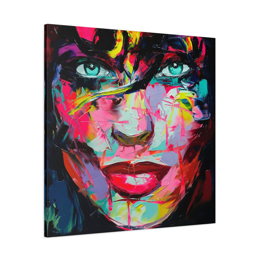 Colorful Abstract Portrait Canvas Print — Neon Female Face Matte Stretched Wall Art