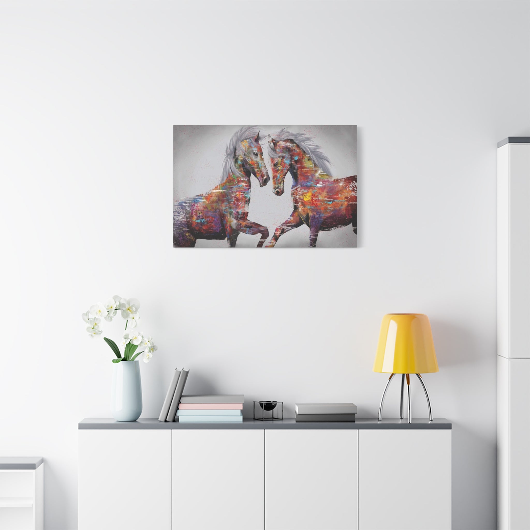 Colorful Horses Canvas Wall Art — Vibrant Abstract Horse Painting on Stretched Matte Canvas 